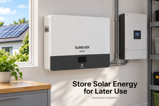 Batterie de stockage d'énergie solaire SUNEVER 5kWh murale LiFePO4	 51.2V 100Ah pour système de stockage de batterie solaire