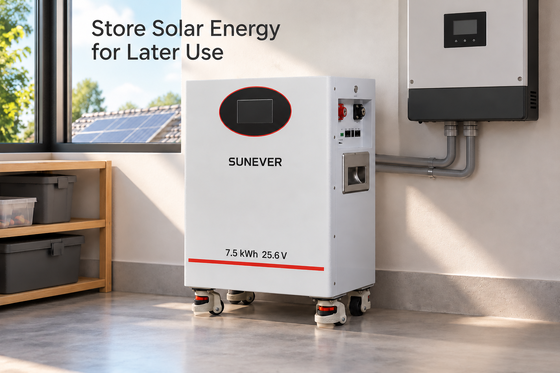 Batterie solaire SUNEVER 7.68kWh 25.6V 300Ah LiFePO4 Lithium pour stockage d'énergie domestique et alimentation de secours hors réseau