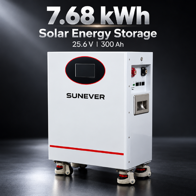 Batterie solaire SUNEVER 7.68kWh 25.6V 300Ah LiFePO4 Lithium pour stockage d'énergie domestique et alimentation de secours hors réseau