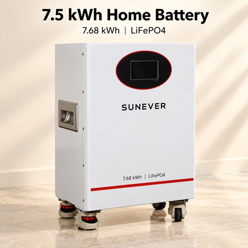 Batterie solaire SUNEVER 7.68kWh 25.6V 300Ah LiFePO4 Lithium pour stockage d'énergie domestique et alimentation de secours hors réseau